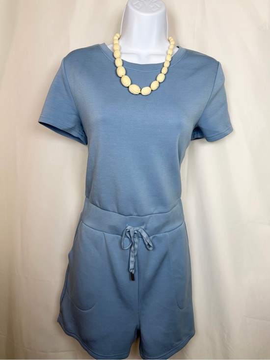 Pants - Dusty Blue Short Sleeve Drawstring Romper with Pockets – Small